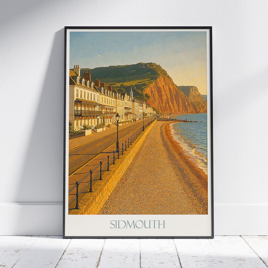 Sidmouth Devon Golden Hour Seafront Travel Poster Red Cliffs Scene