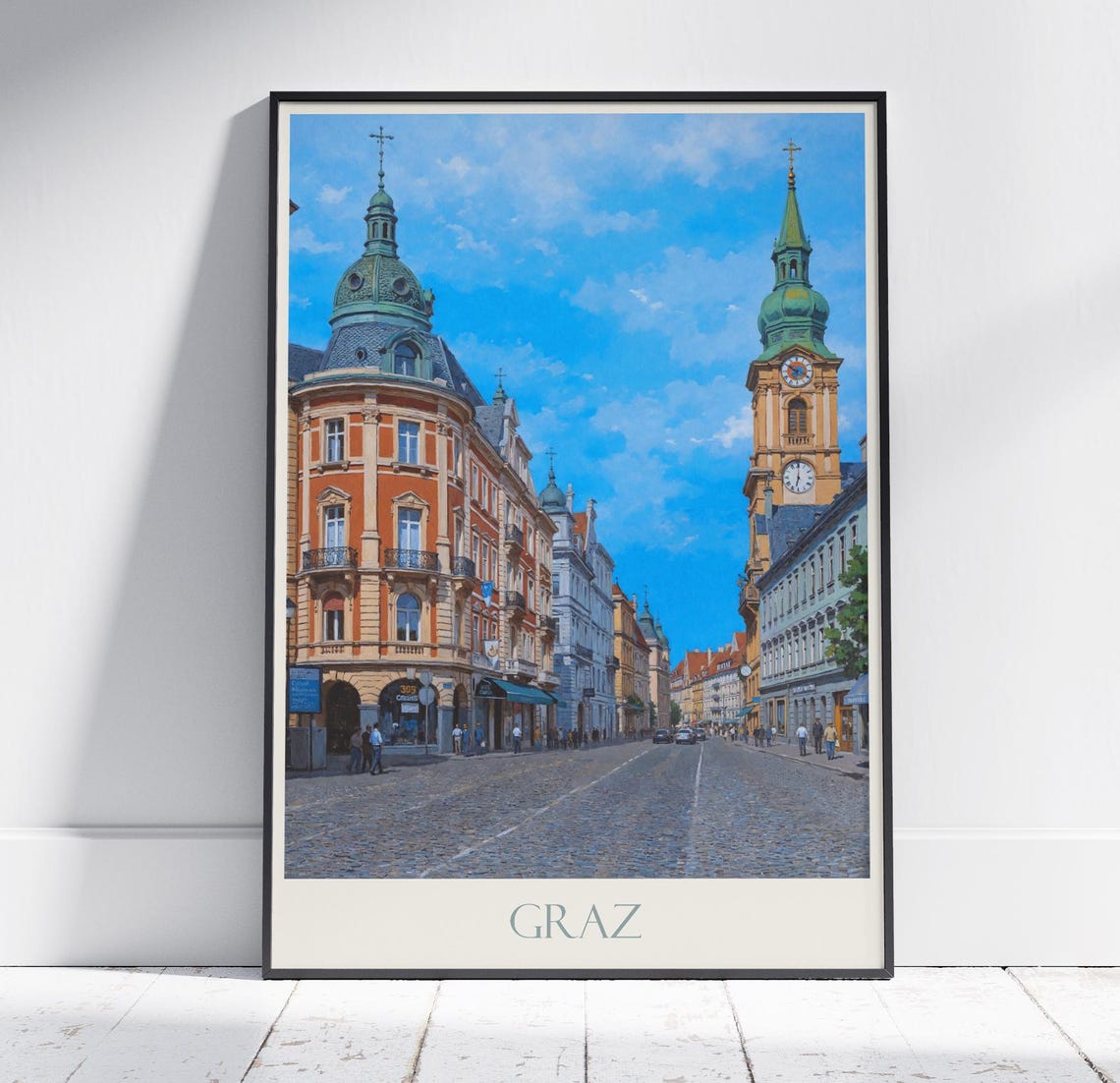 Graz Old Town Historic Street Clock Tower Austria Travel Poster