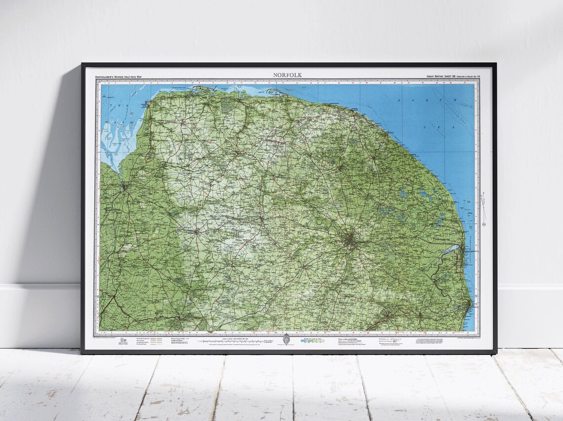 Norfolk England Vintage Bartholomew Map Poster Green Cartography Art