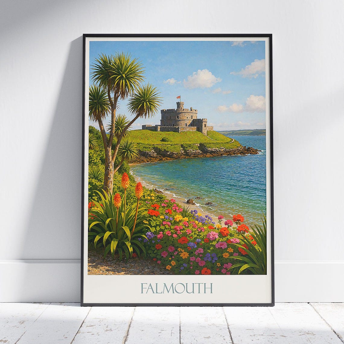 Falmouth Cornwall Pendennis Castle Tropical Palms And Flowers Poster