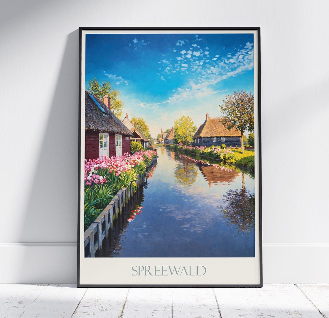 Spreewald Germany Thatched Village Canal Flowers Travel Poster