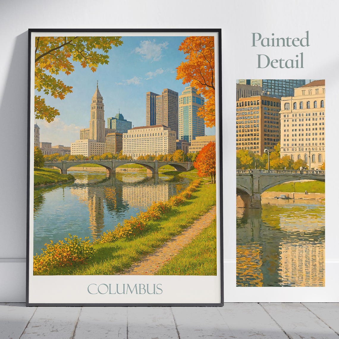 Columbus Ohio Autumn Skyline River Bridge City Travel Poster