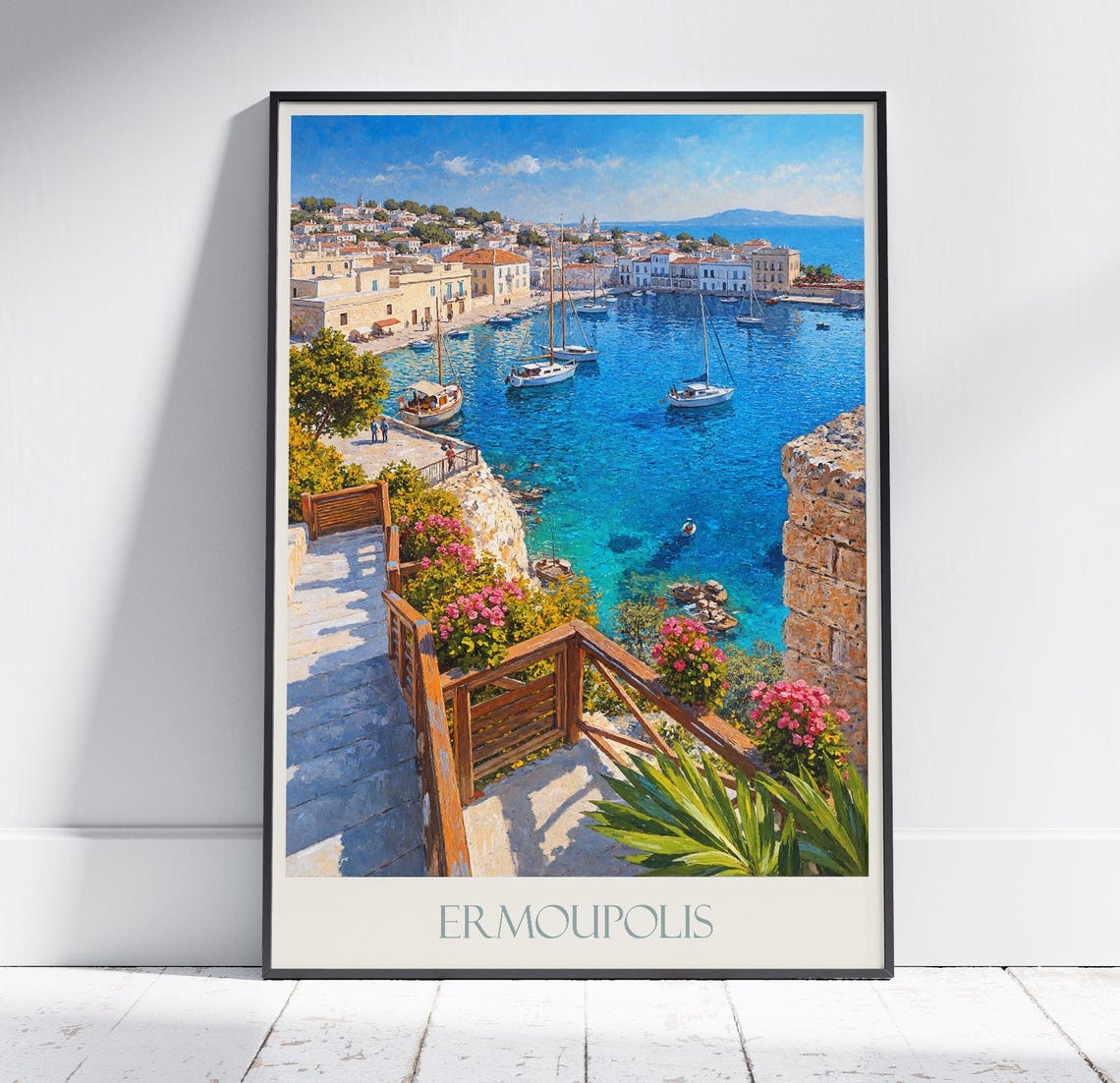 Ermoupolis Greece Harbor Stone Steps Sailboats Painted Travel Poster