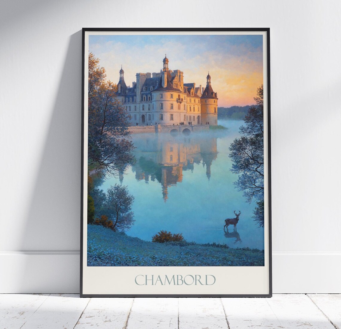 Chambord France Sunset Chateau Painted Travel Poster Misty Lake Poster