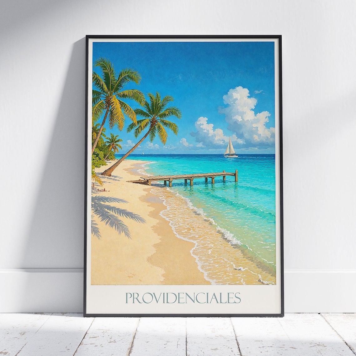 Providenciales Turks and Caicos Beach Pier Sailboat Travel Poster
