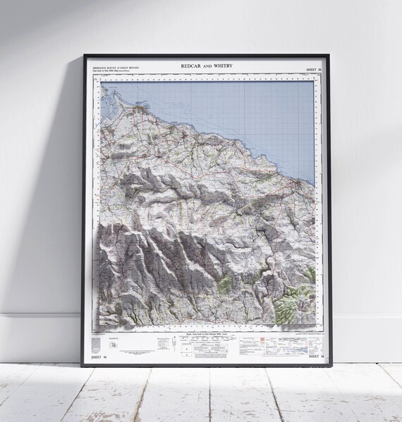 Redcar Whitby North York Moors Flat 2d Shaded Map Vintage Style Print Poster Wall Art Decor