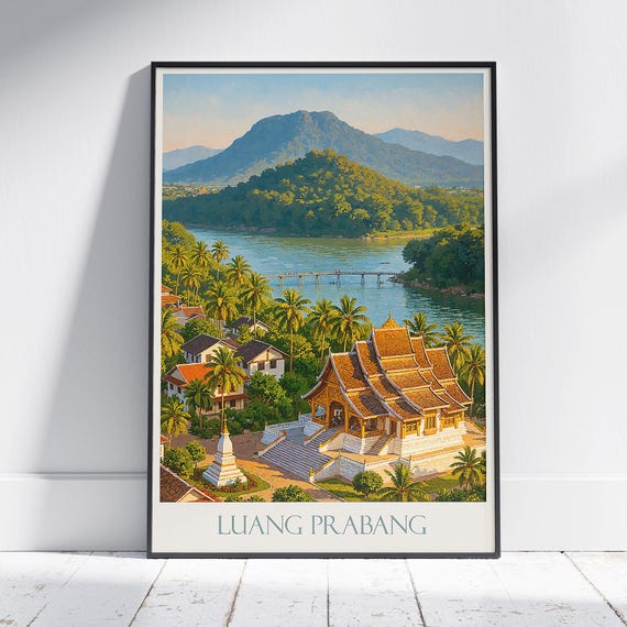 Luang Prabang Travel Poster Laos Temple Art Print Southeast Asia Home Decor Vintage Wall Buddhist Gift