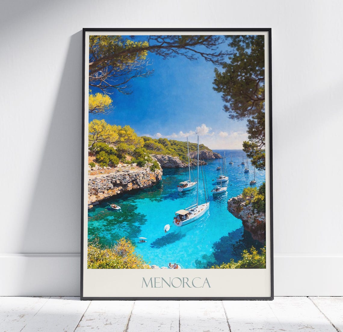 Menorca Spain Travel Poster Turquoise Cove Sailboats Mediterranean Sea