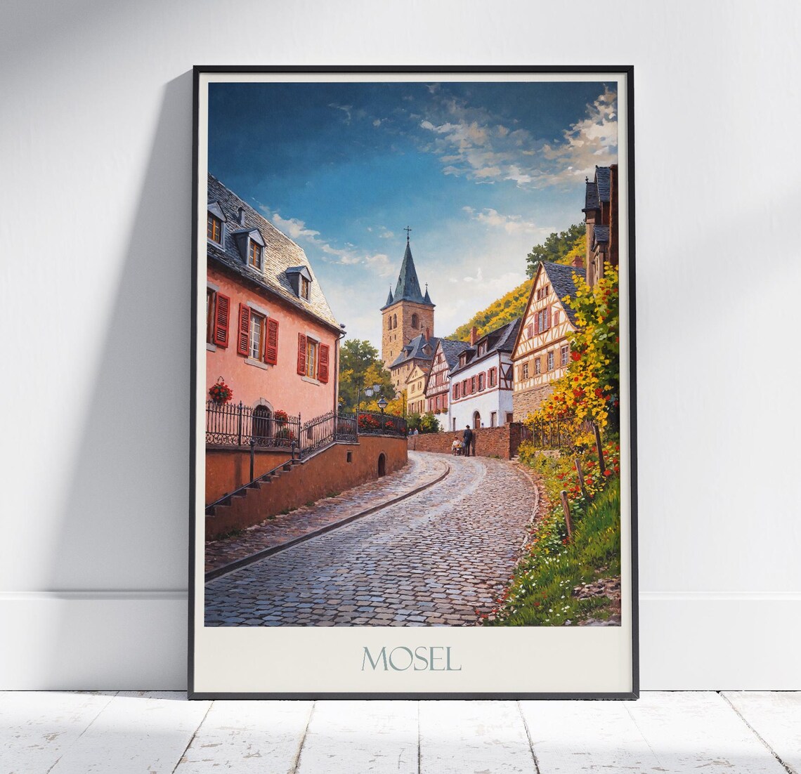 Mosel Valley Germany Cobblestone Village Street Church Travel Poster