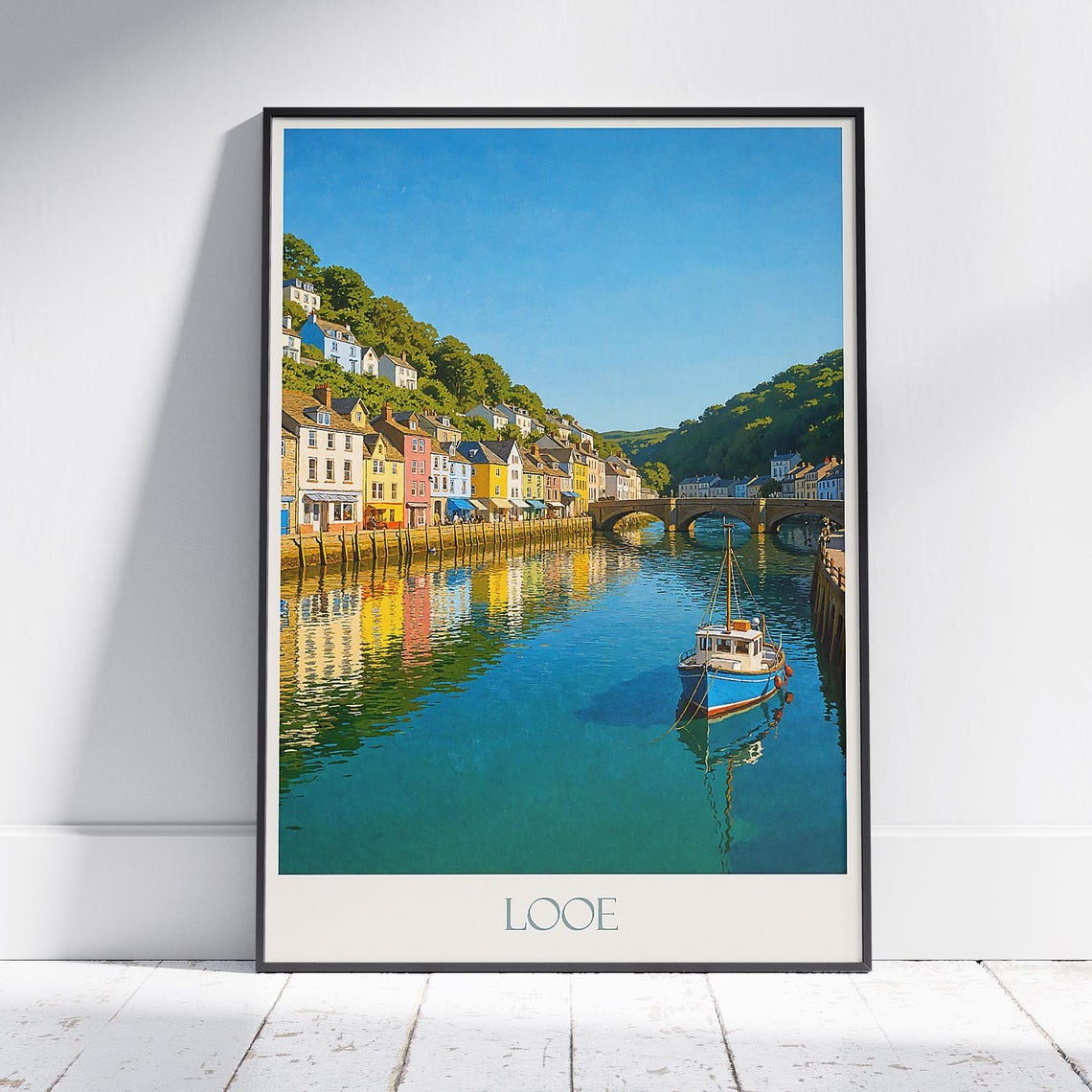 Looe Cornwall Sunny Riverside Harbour Morning Light Travel Poster
