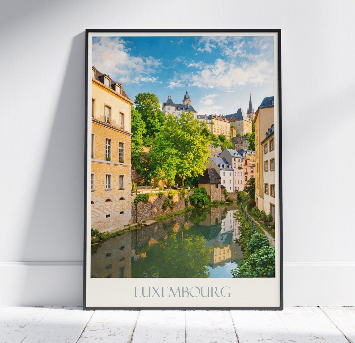Luxembourg Riverside Old Town Reflection Painted Travel Poster