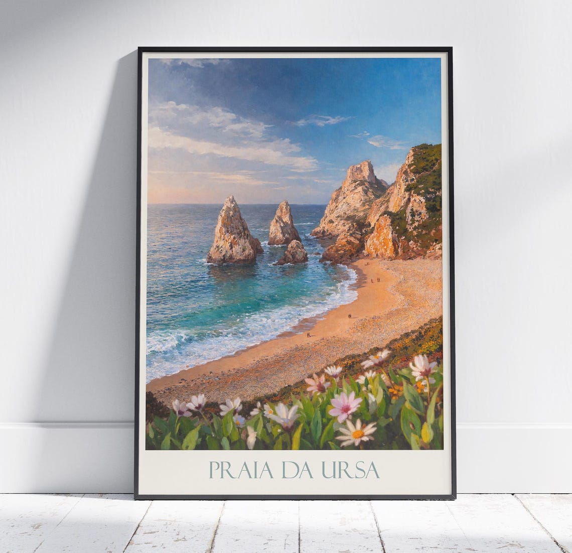Praia Da Ursa Portugal Beach Sea Stacks Wildflower Painted Poster