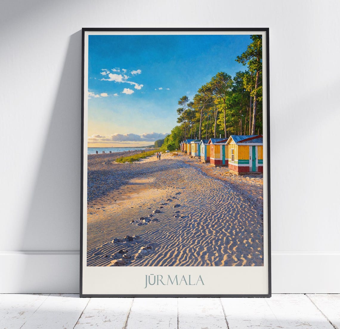 Jurmala Latvia Beach Travel Poster Sunset Cabins Footprints Sand View