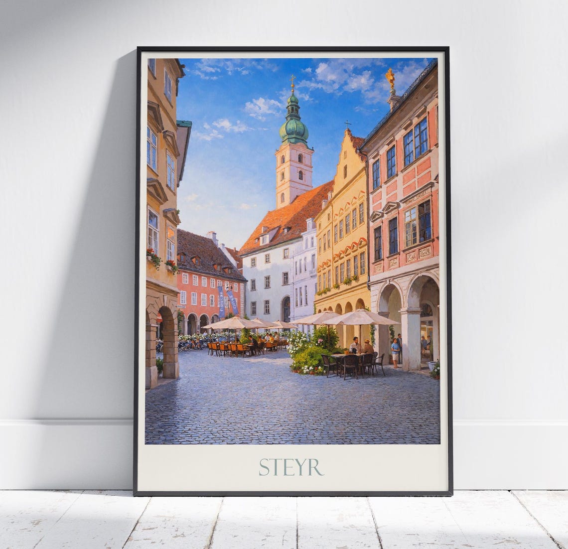 Steyr Austria Old Town Square Vintage Travel Poster Church Tower