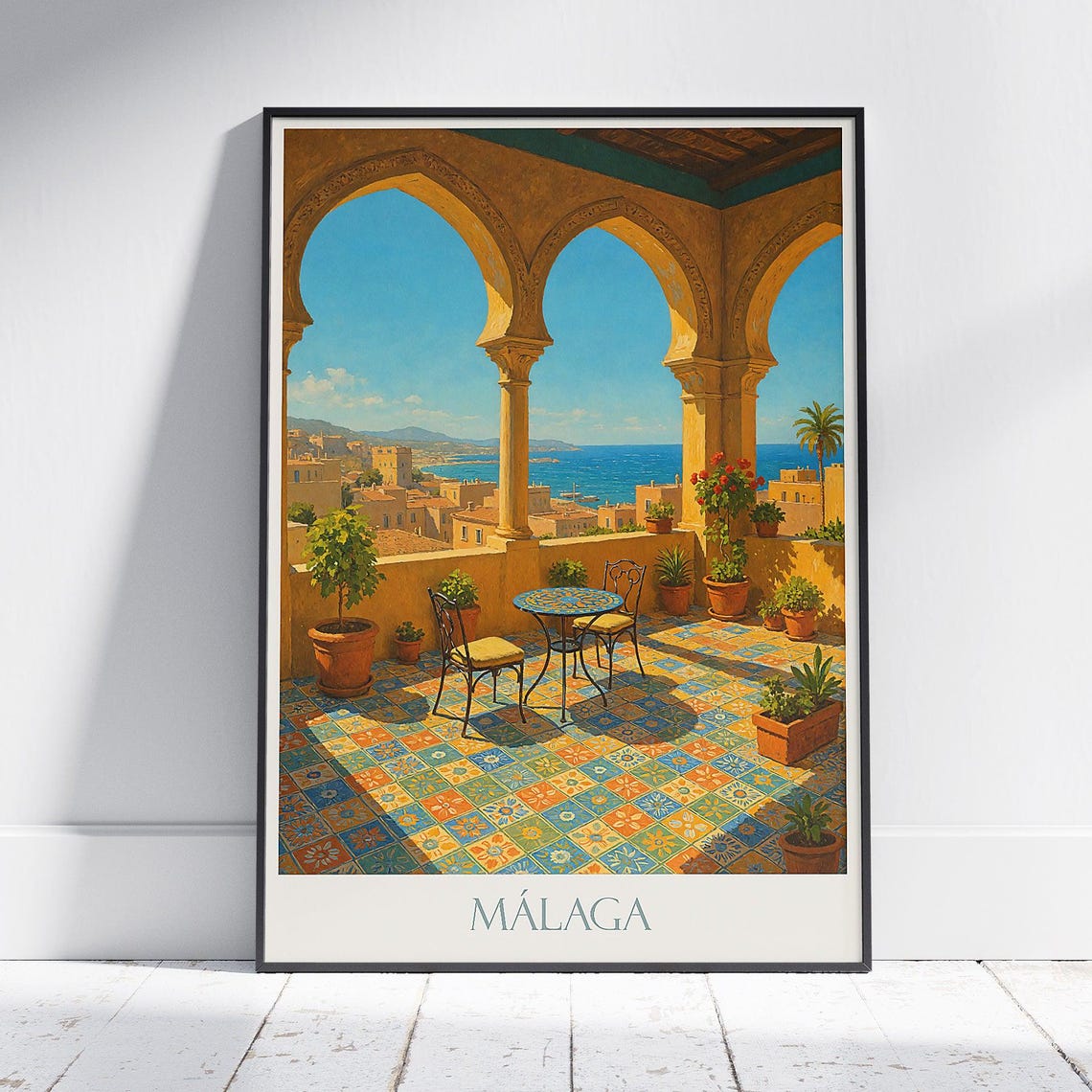 Malaga Spain Moorish Terrace Overlooking the Sea Travel Poster