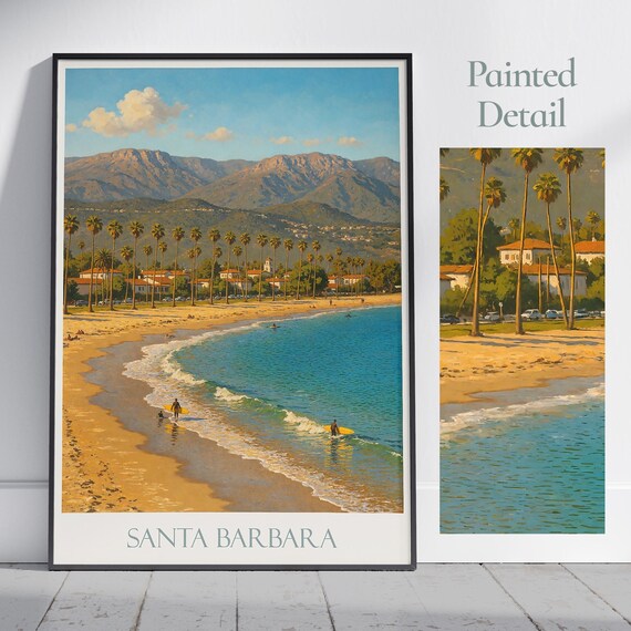 Santa Barbara Surfers Riding Waves Beach Palms Mountains Travel Poster