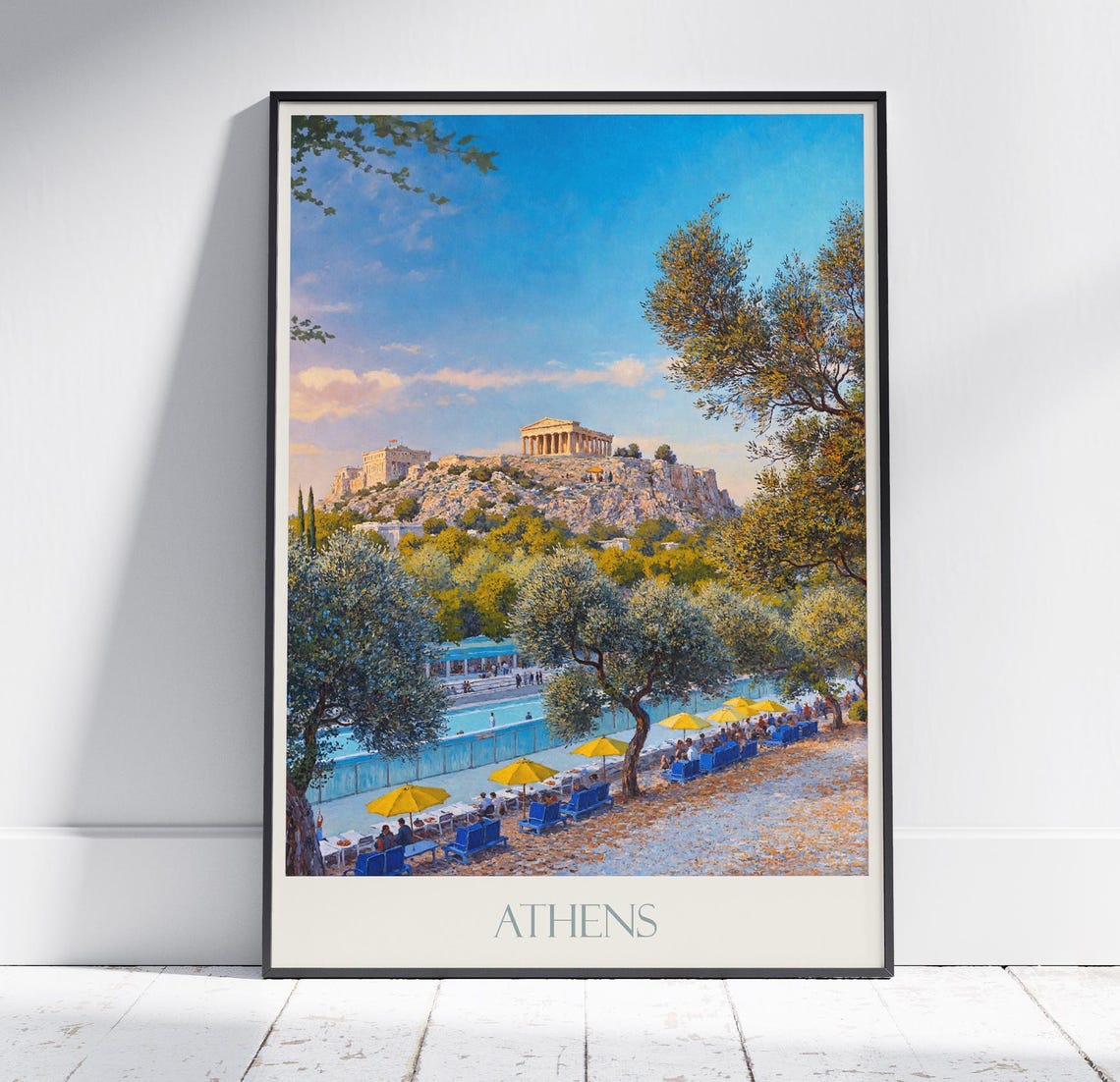 Athens Greece Acropolis Cafe Umbrellas Olive Trees Travel Poster