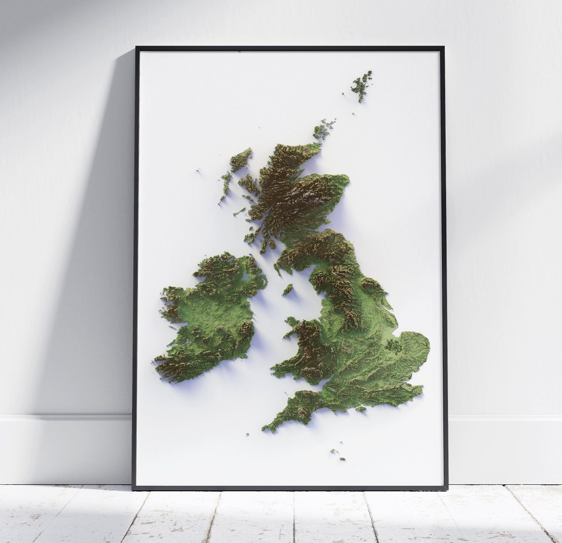 British Isles Plain Green 3D Shaded Relief Topographic Map Poster