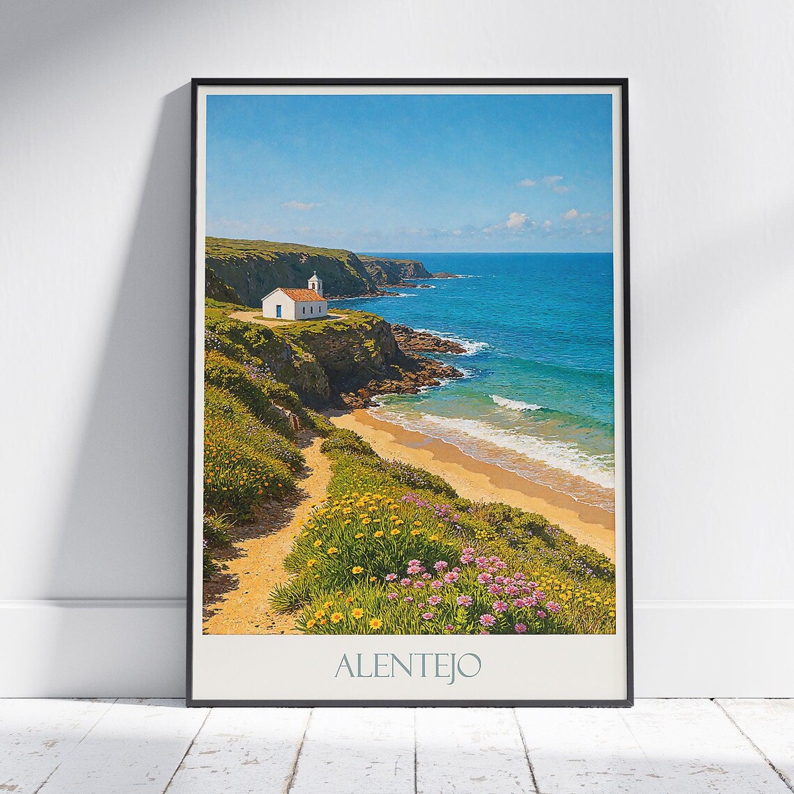 Alentejo Portugal Vintage Cliffside Chapel Coast Travel Poster