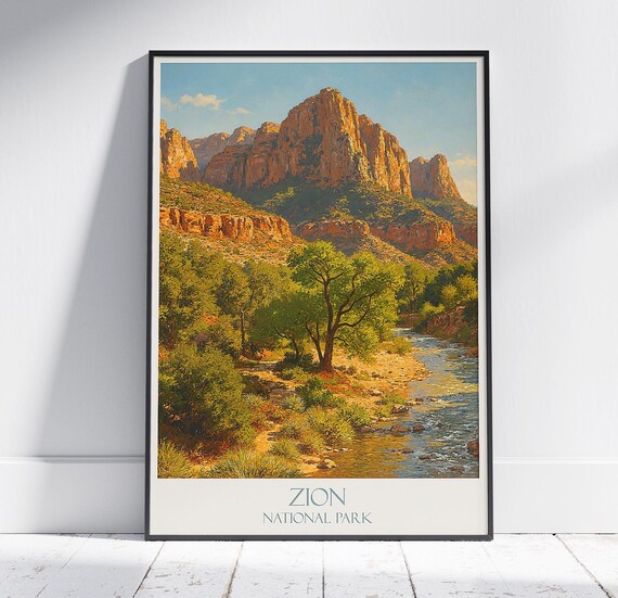 Zion National Park Orange Cliffs River Valley Scenic Travel Poster