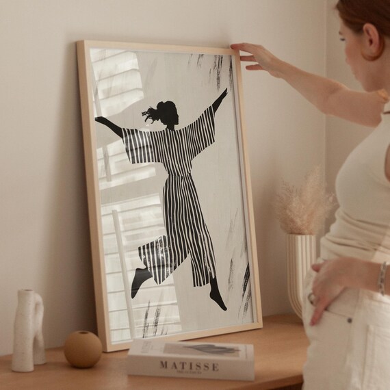 Abstract Woman Dancing in Striped Dress Black White Art Poster