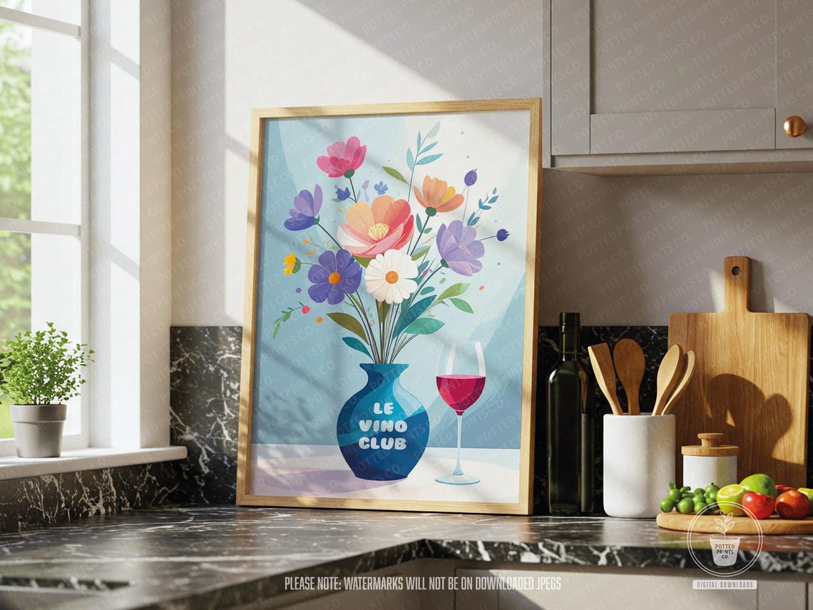 Le Vino Club Wine Floral Bouquet Fun Boho Kitchen Decor Poster