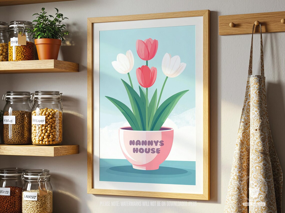 Nannys House Tulip Bouquet Pastel Pink Plant Pot Floral Wall Art