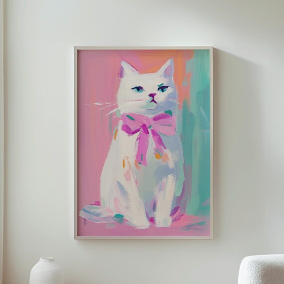 Playful Cat Illustration Pastel Background Art Leaf Print Minimalist Botanical Drawing Wall Decor
