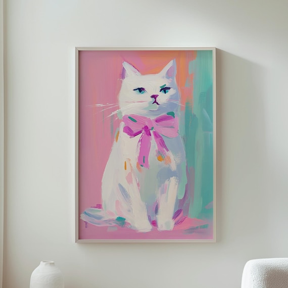 White Cat With Pink Bow Pastel Playful Feline Illustration Poster