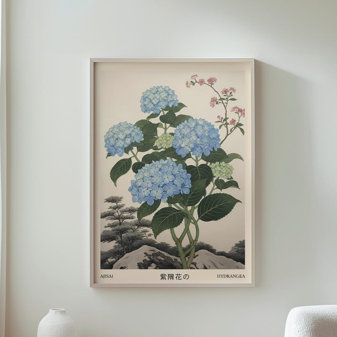 Ajisai Blue Hydrangea Japanese Vintage Botanical Flower Poster