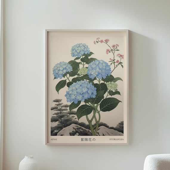 Ajisai Blue Hydrangea Japanese Vintage Botanical Flower Poster