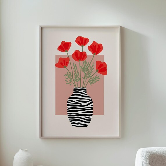 Red Poppies In Zebra Striped Vase Floral Wall Decor Modern Art Poster Botanical Print Home Unique