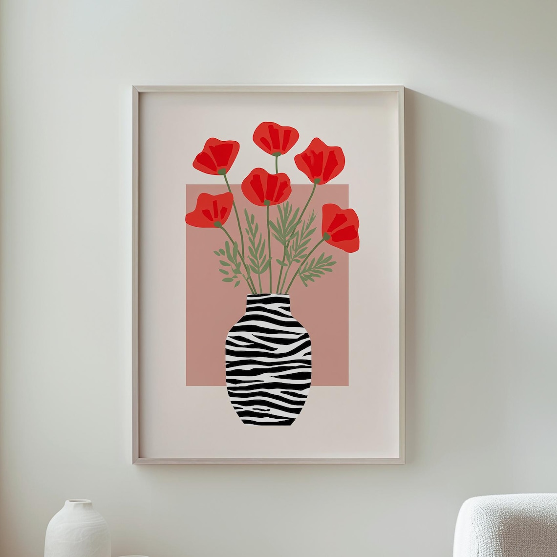 Red Poppies In Zebra Striped Vase Bold Modern Floral Wall Poster