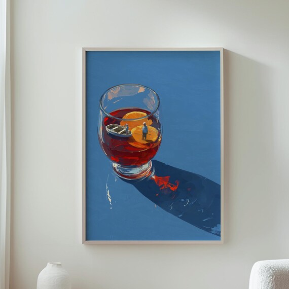 Whimsical Wall Art Playful Print Unique Drink Miniature People Illustration Fun Home Decor Quirky