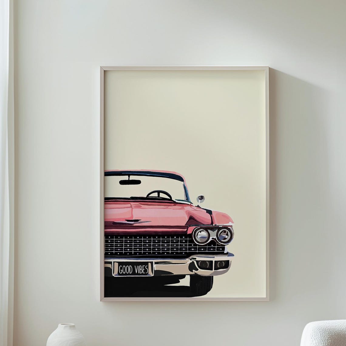Pink Vintage Convertible Front View Good Vibes Retro Automotive Poster