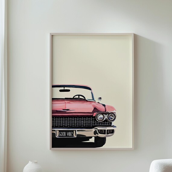 Vintage Car Art Retro Poster Classic Decor Pink Illustration Wall Home Lover Gift
