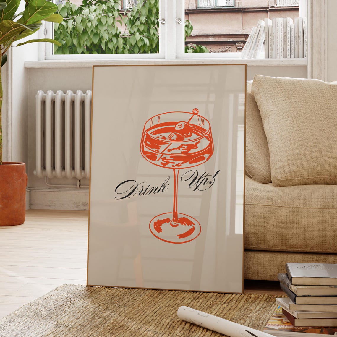 Drink Up Retro Coupe Glass Cocktail Red Orange Party Bar Poster
