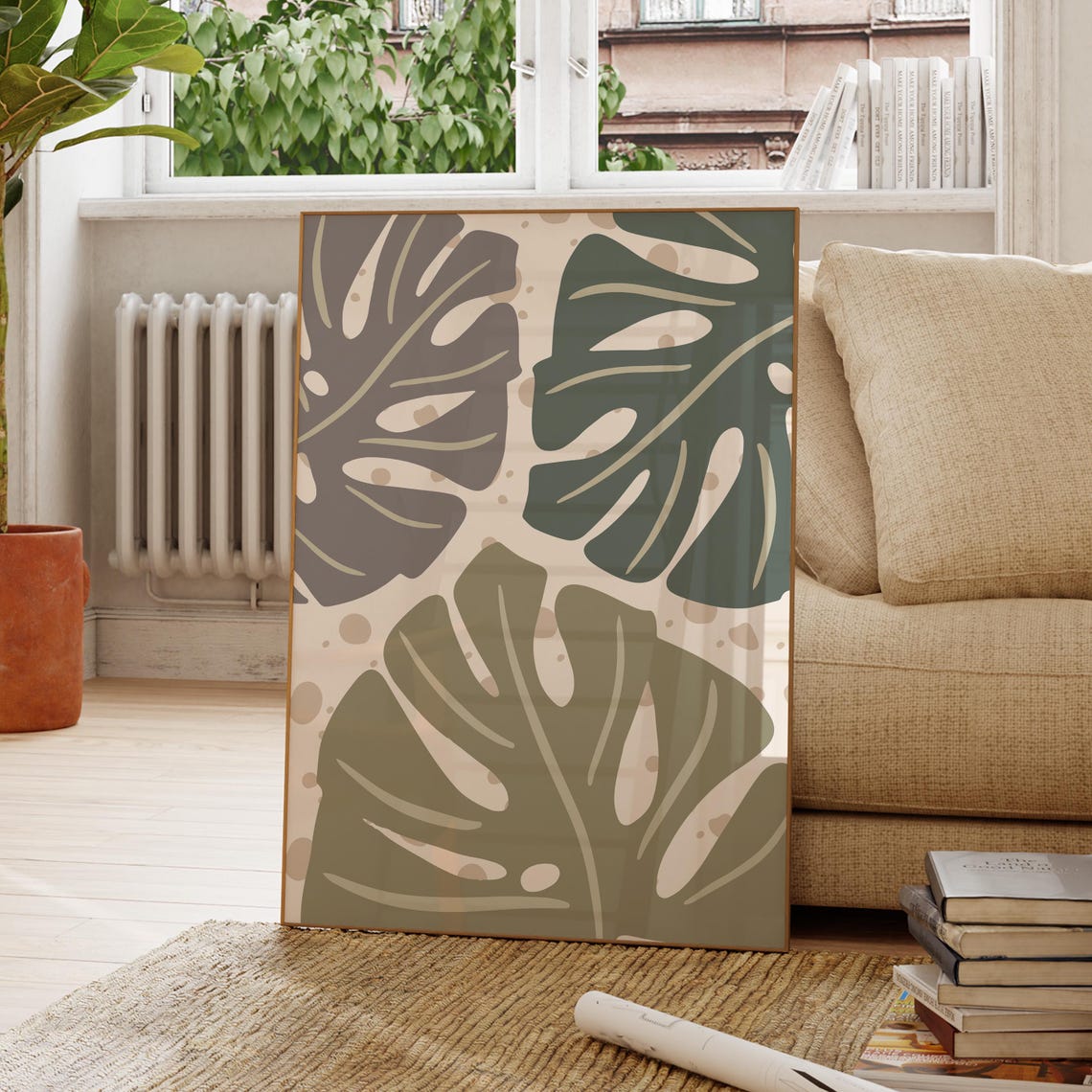 Abstract Monstera Leaves Beige Green Botanical Modern Poster