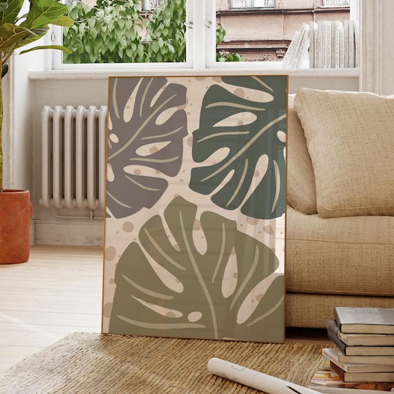 Abstract Monstera Leaves Beige Green Botanical Modern Poster