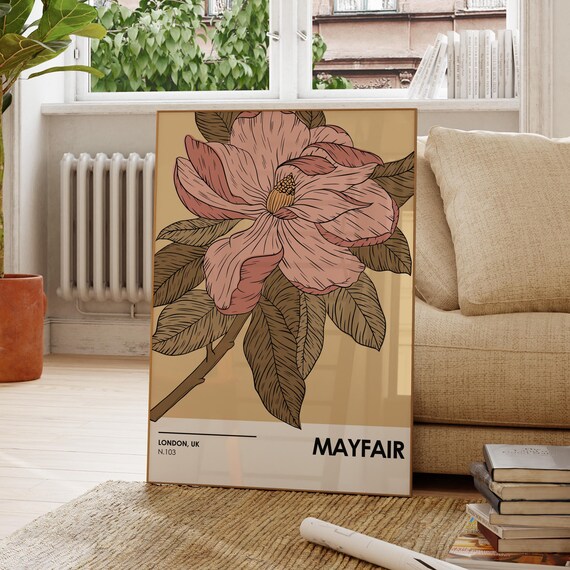 Mayfair London UK Pink Magnolia Blossom Botanical Vintage Poster