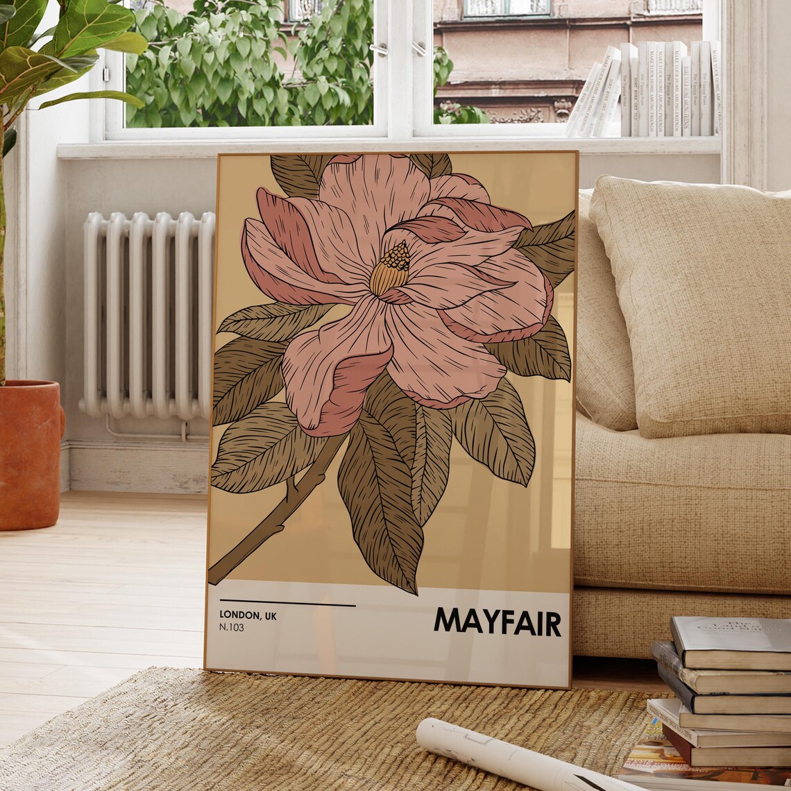 Mayfair London UK Pink Magnolia Blossom Botanical Vintage Poster