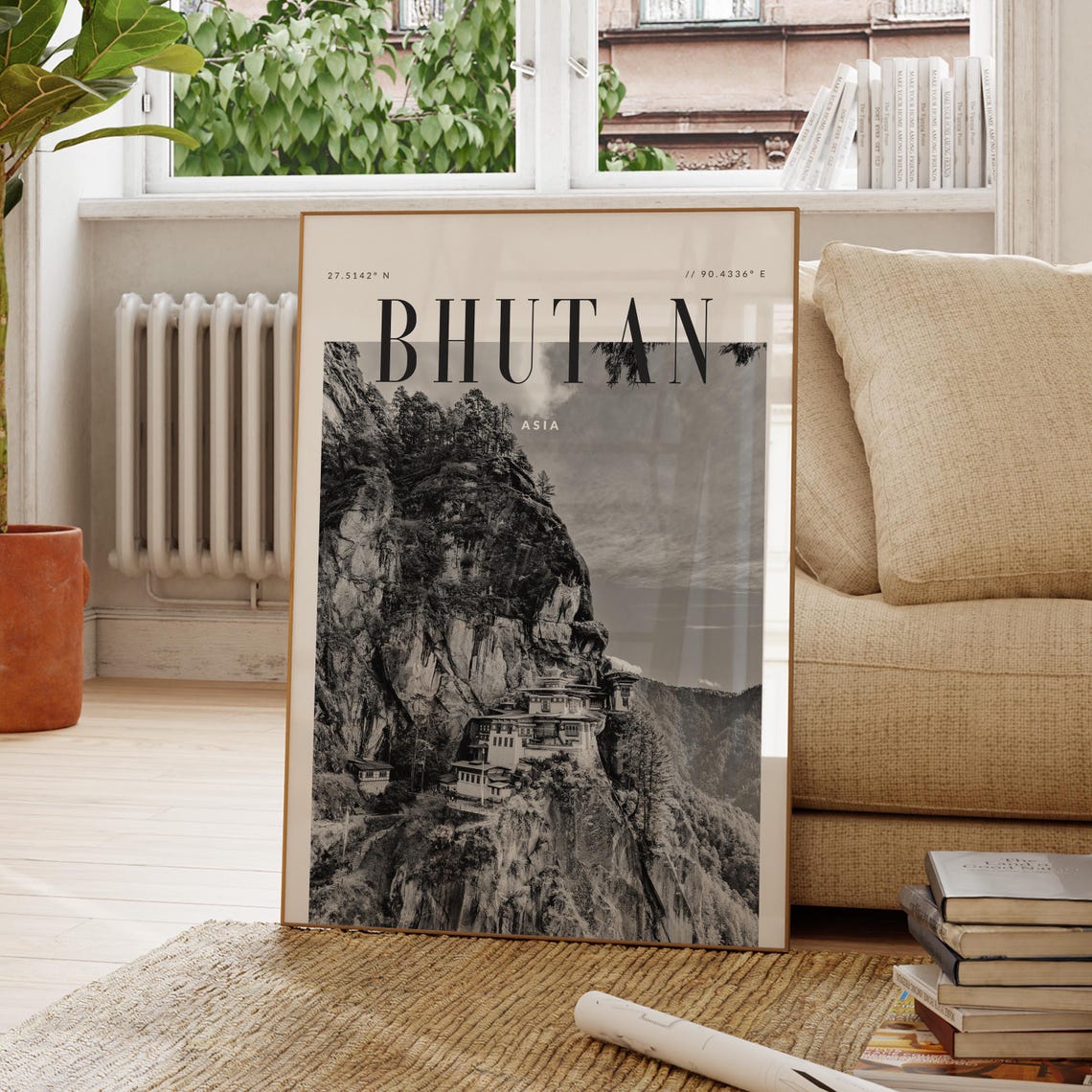 Bhutan Asia Black White Cliffside Mountain Monastery Travel Poster
