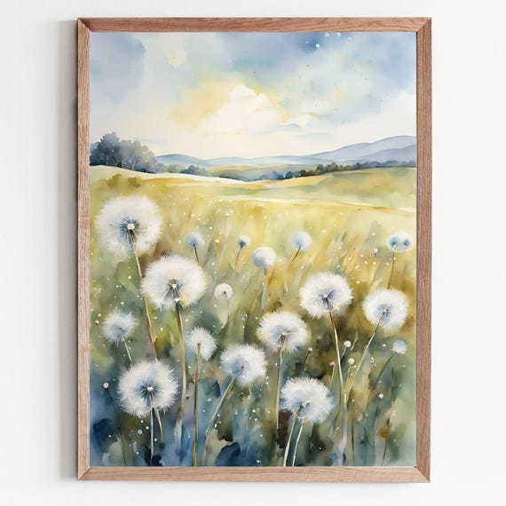 Dandelion Field Watercolor Art Print, Farmhouse Decor