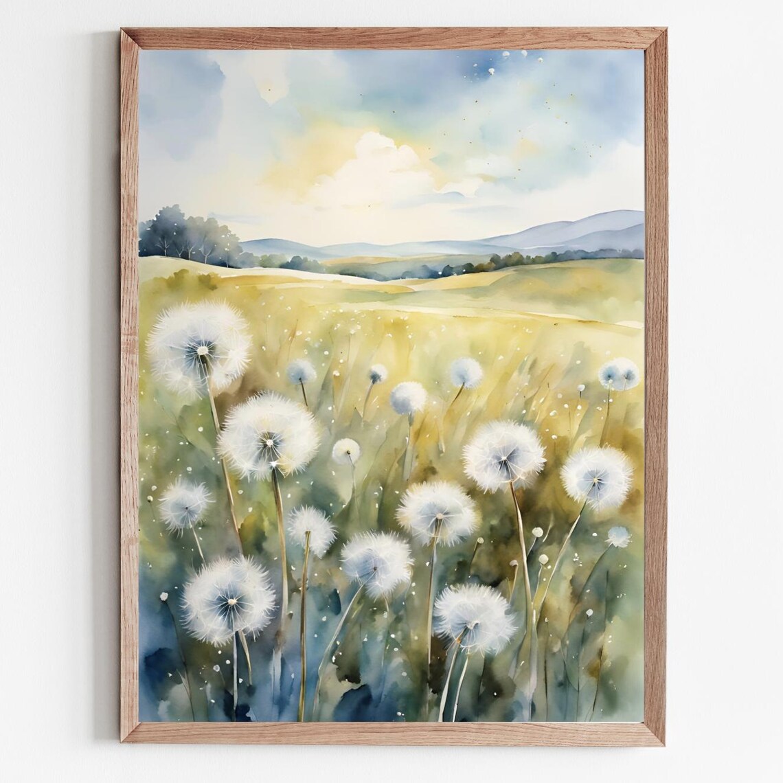 Dandelion Field Watercolor Art Print, Farmhouse Decor