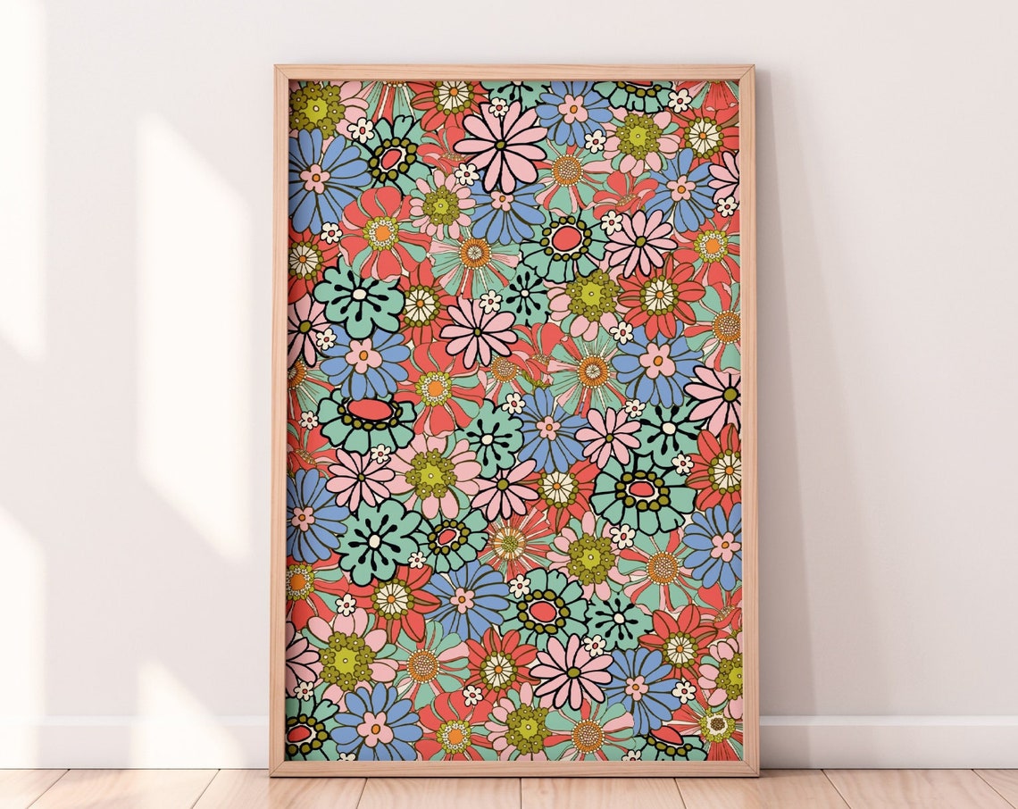 Retro Floral Pattern Art Print, 60s 70s Retro