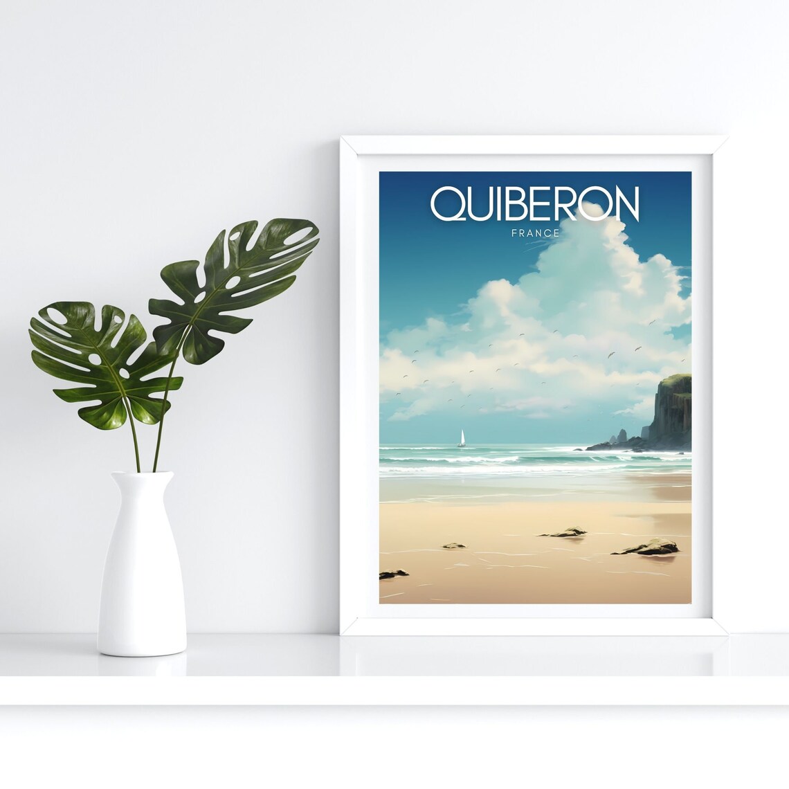 Quiberon France Brittany Cliffs Sailboat Golden Beach Travel Poster - Image 4