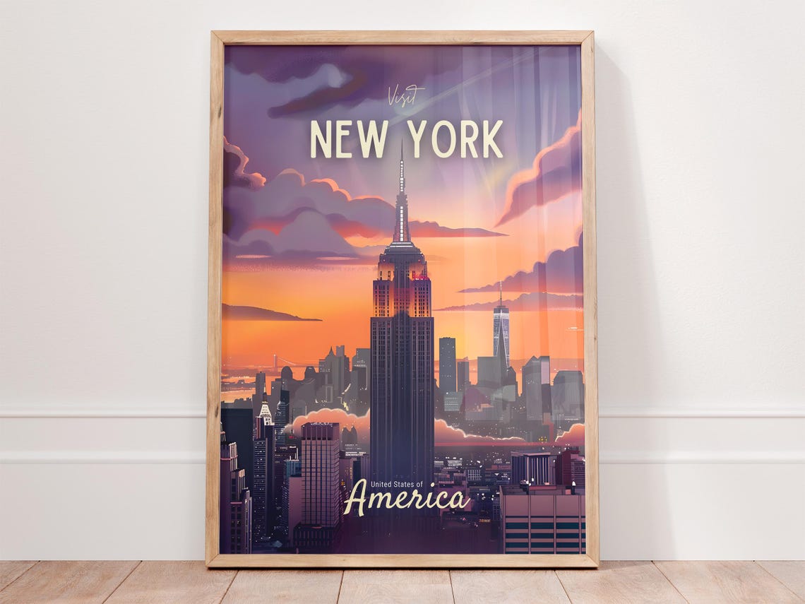 New York City Sunset Skyline with Empire State Building Travel Poster