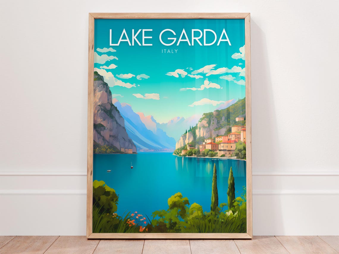 Lake Garda Italy Lakeside Town Mountain Cliffs Travel Poster