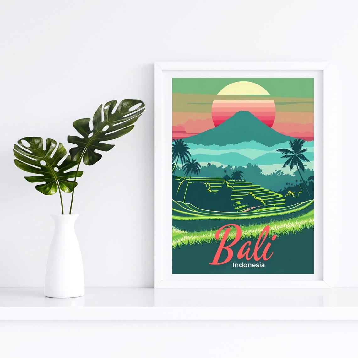 Bali Indonesia Volcano Rice Terraces Palm Sunset Travel Poster - Image 4