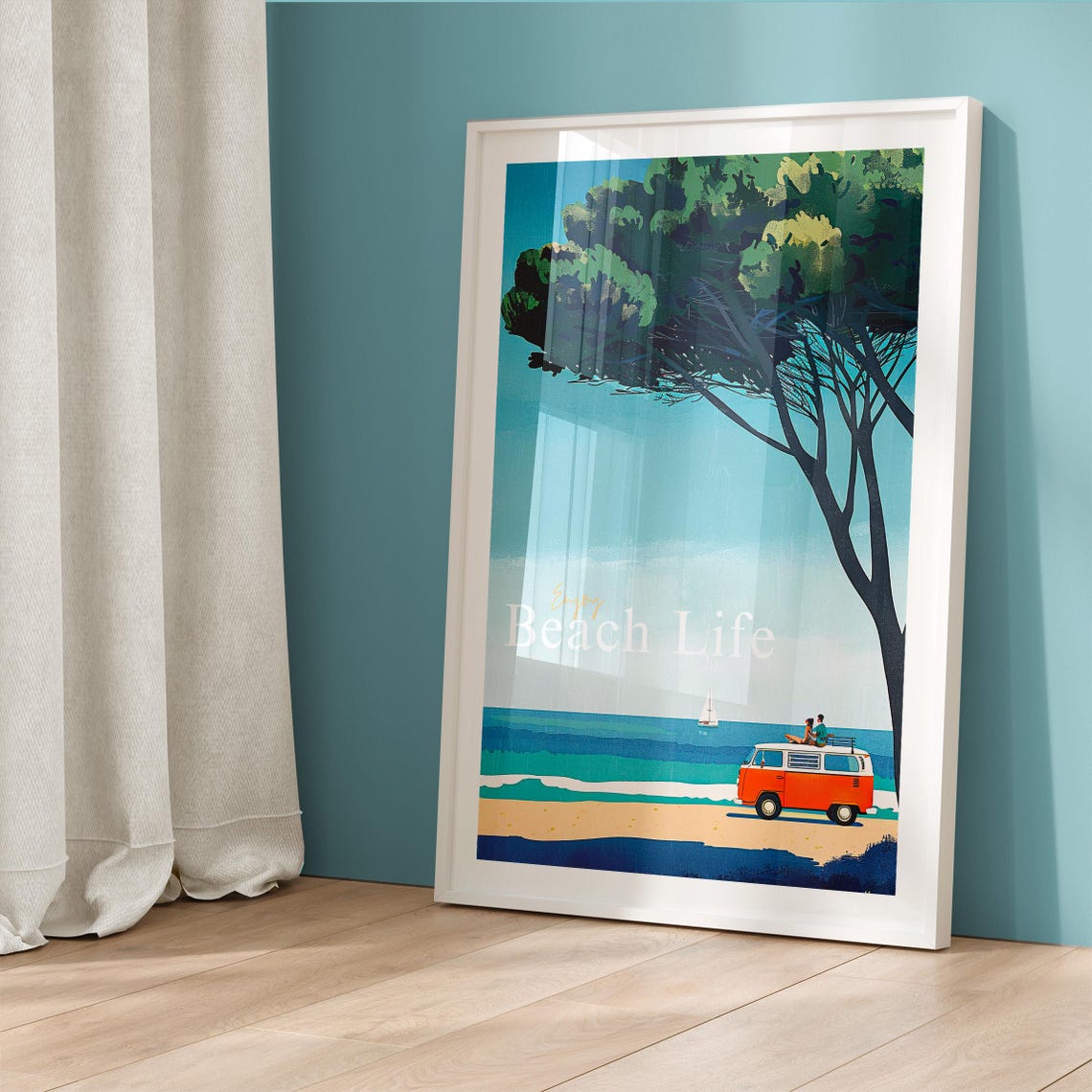 Vintage Orange Camper Van Under Coastal Pines Beach Escape Poster - Image 5